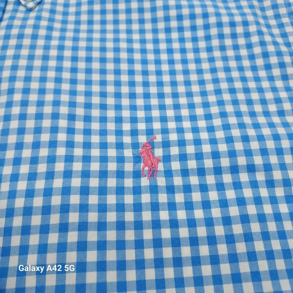 Ralph‎ Lauren Mens XL Custom Fit Blue Gingham Button Down Shirt Pink Pony Logo